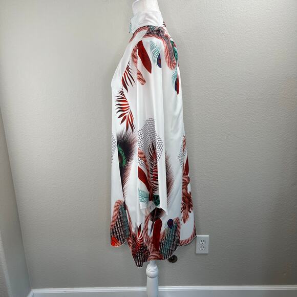 White Green Multi Peacock Asymmetric One Shoulder High Neck Mini Shift Dress M/L - Picture 7 of 12